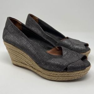 Tory Burch Espadrilles Filipa Shoes Pewter Metallic Linen Wedge Women's Size 9